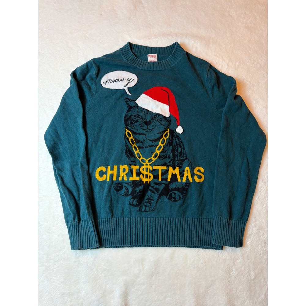 Mossimo Meow-y Christmas Cat Ugly Holiday Sweater Teal Green Mens Small